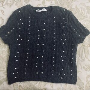 ZARA Embellished Knit Short-Sleeve Sweater